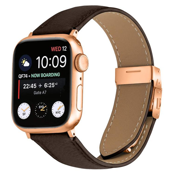 For Apple Watch 42mm / 41mm / 40mm / 38mm Lychee Texture Rose Gold Turtle Back Buckle Leather Watch Band(Coffee Color)