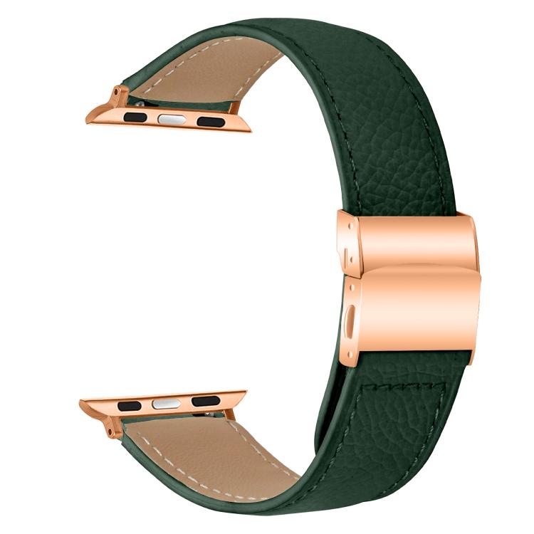 For Apple Watch 42mm / 41mm / 40mm / 38mm Lychee Texture Rose Gold Turtle Back Buckle Leather Watch Band(Green)