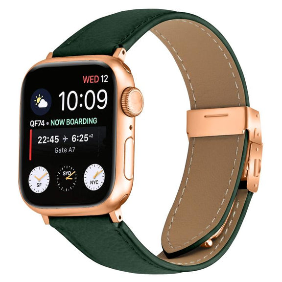 For Apple Watch 42mm / 41mm / 40mm / 38mm Lychee Texture Rose Gold Turtle Back Buckle Leather Watch Band(Green)