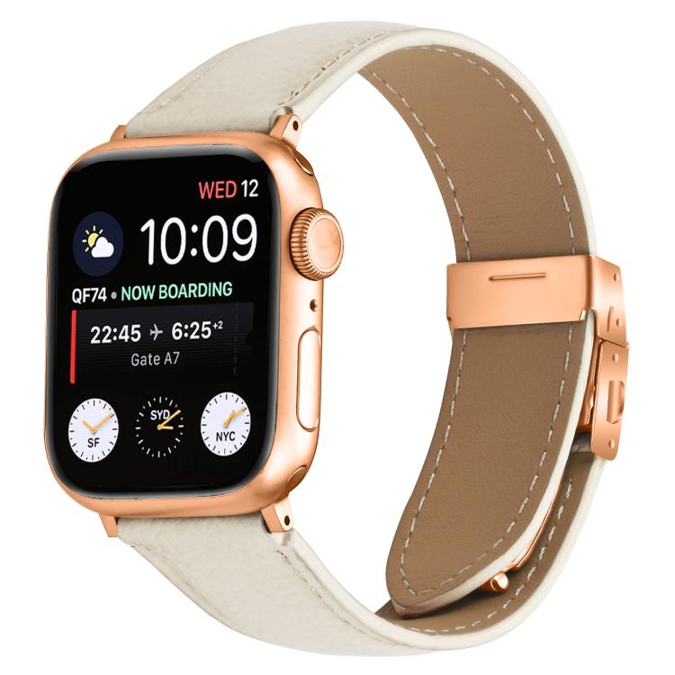 For Apple Watch 42mm / 41mm / 40mm / 38mm Lychee Texture Rose Gold Turtle Back Buckle Leather Watch Band(Creamy White)