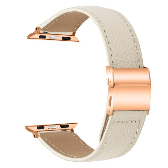 For Apple Watch 42mm / 41mm / 40mm / 38mm Lychee Texture Rose Gold Turtle Back Buckle Leather Watch Band(Creamy White)