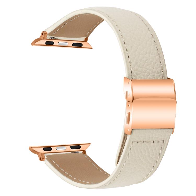 For Apple Watch 42mm / 41mm / 40mm / 38mm Lychee Texture Rose Gold Turtle Back Buckle Leather Watch Band(Creamy White)