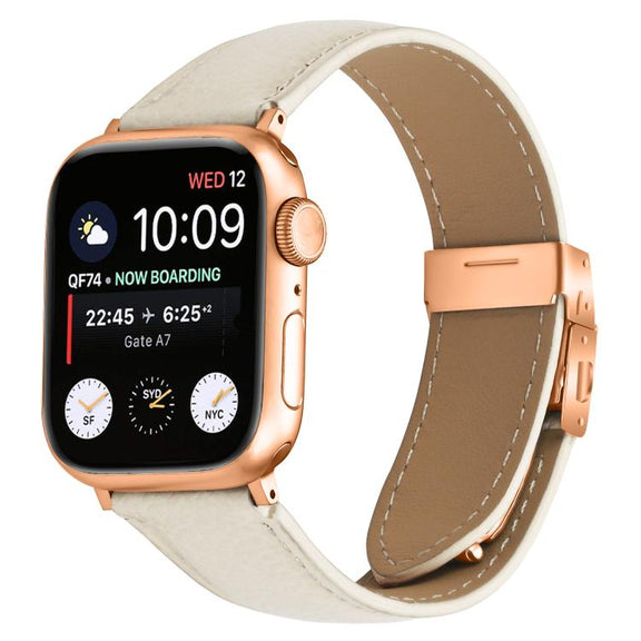 For Apple Watch 42mm / 41mm / 40mm / 38mm Lychee Texture Rose Gold Turtle Back Buckle Leather Watch Band(Creamy White)