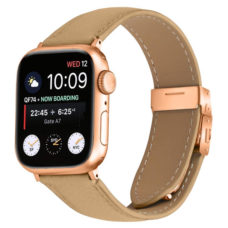 For Apple Watch 42mm / 41mm / 40mm / 38mm Lychee Texture Rose Gold Turtle Back Buckle Leather Watch Band(Camel)