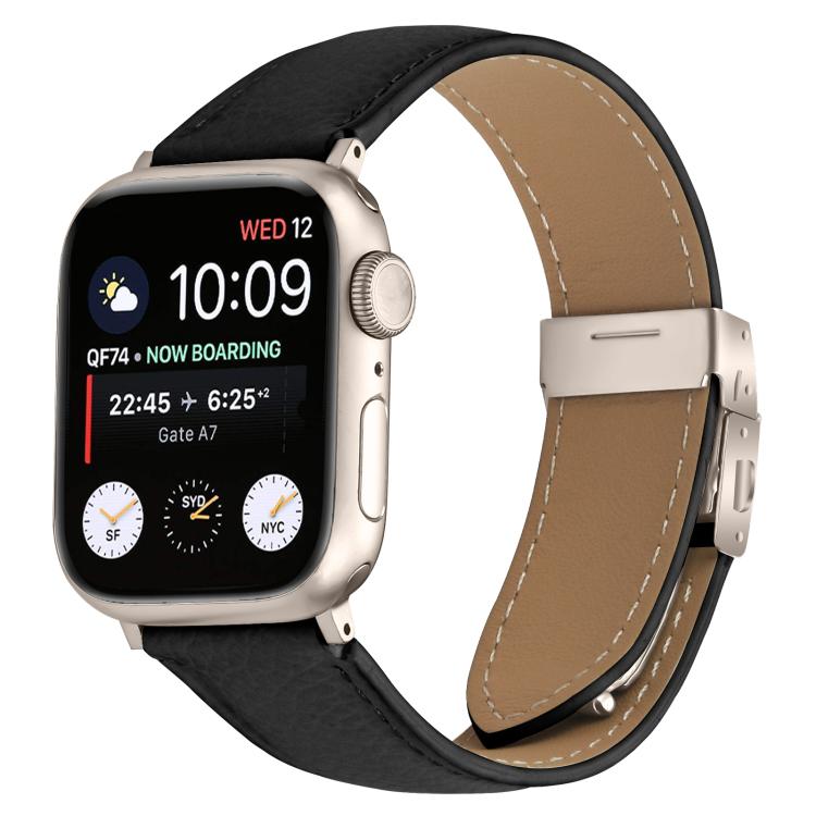 For Apple Watch 42mm / 41mm / 40mm / 38mm Lychee Texture Starlight Turtle Back Buckle Leather Watch Band(Black)