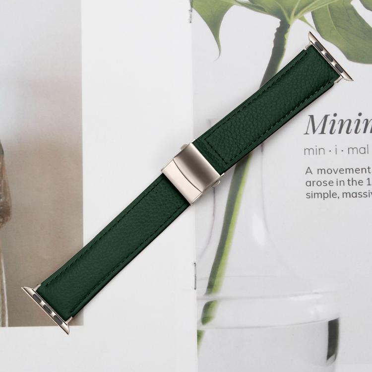 For Apple Watch 42mm / 41mm / 40mm / 38mm Lychee Texture Starlight Turtle Back Buckle Leather Watch Band(Green)