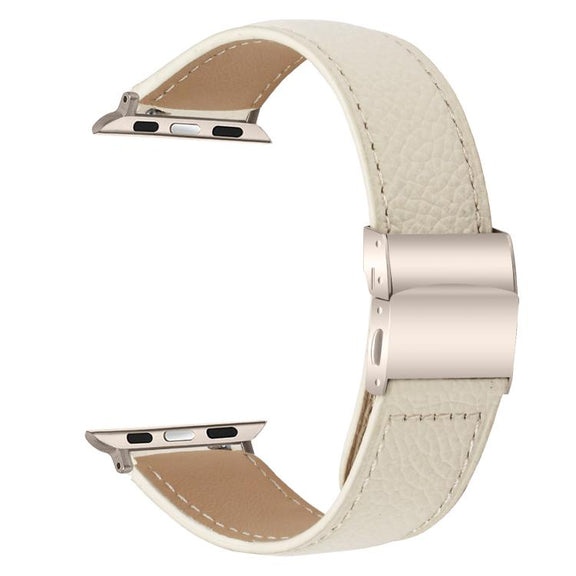 For Apple Watch 42mm / 41mm / 40mm / 38mm Lychee Texture Starlight Turtle Back Buckle Leather Watch Band(Creamy White)