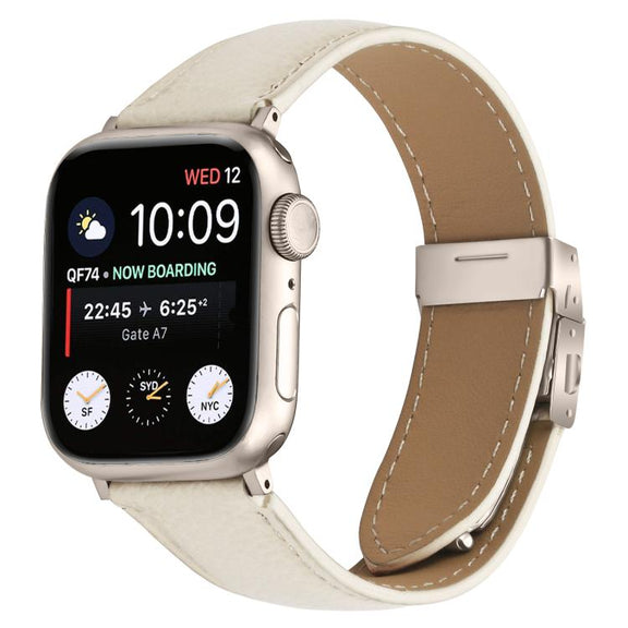 For Apple Watch 42mm / 41mm / 40mm / 38mm Lychee Texture Starlight Turtle Back Buckle Leather Watch Band(Creamy White)