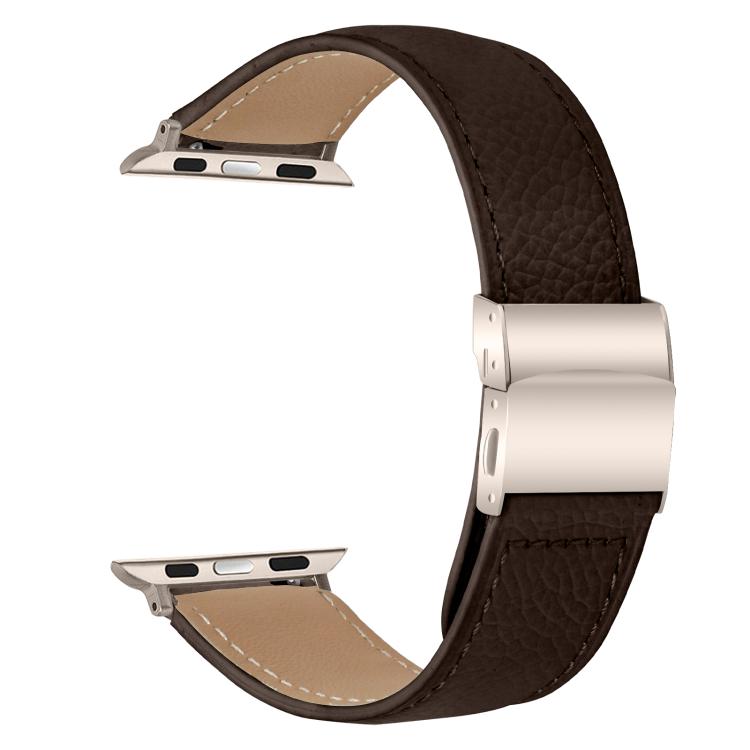 For Apple Watch 46mm / 49mm / 45mm / 44mm Lychee Texture Starlight Turtle Back Buckle Leather Watch Band(Coffee Color)