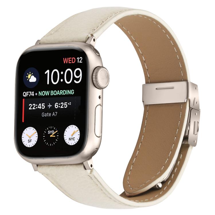 For Apple Watch 46mm / 49mm / 45mm / 44mm Lychee Texture Starlight Turtle Back Buckle Leather Watch Band(Creamy White)