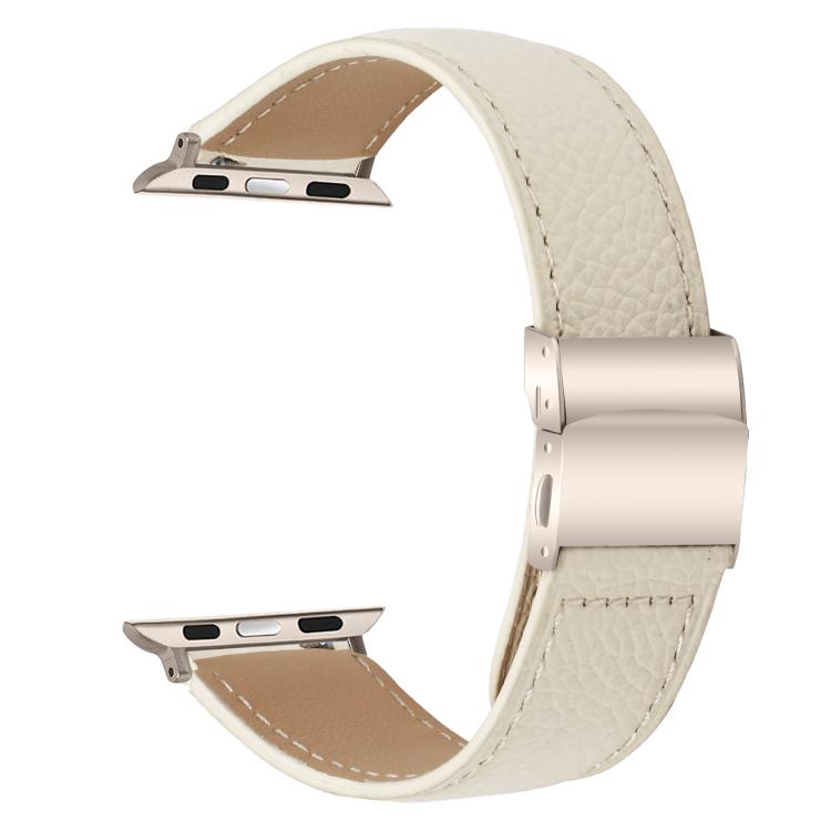 For Apple Watch 46mm / 49mm / 45mm / 44mm Lychee Texture Starlight Turtle Back Buckle Leather Watch Band(Creamy White)