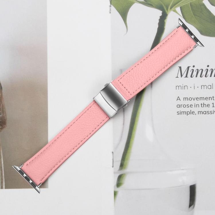 For Apple Watch 46mm / 49mm / 45mm / 44mm Lychee Texture Silver Turtle Back Buckle Leather Watch Band(Pink)