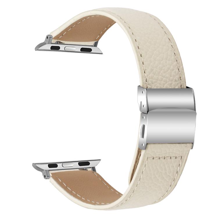 For Apple Watch 46mm / 49mm / 45mm / 44mm Lychee Texture Silver Turtle Back Buckle Leather Watch Band(Creamy White)