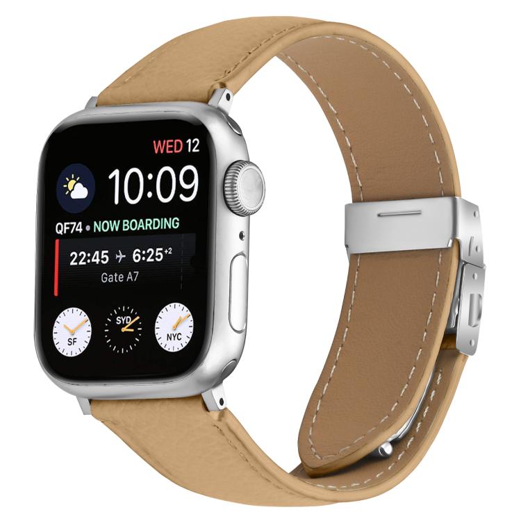 For Apple Watch 46mm / 49mm / 45mm / 44mm Lychee Texture Silver Turtle Back Buckle Leather Watch Band(Camel)