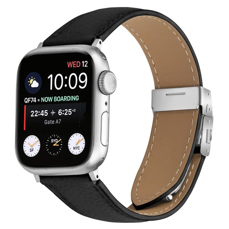 For Apple Watch 42mm / 41mm / 40mm / 38mm Lychee Texture Silver Turtle Back Buckle Leather Watch Band(Black)