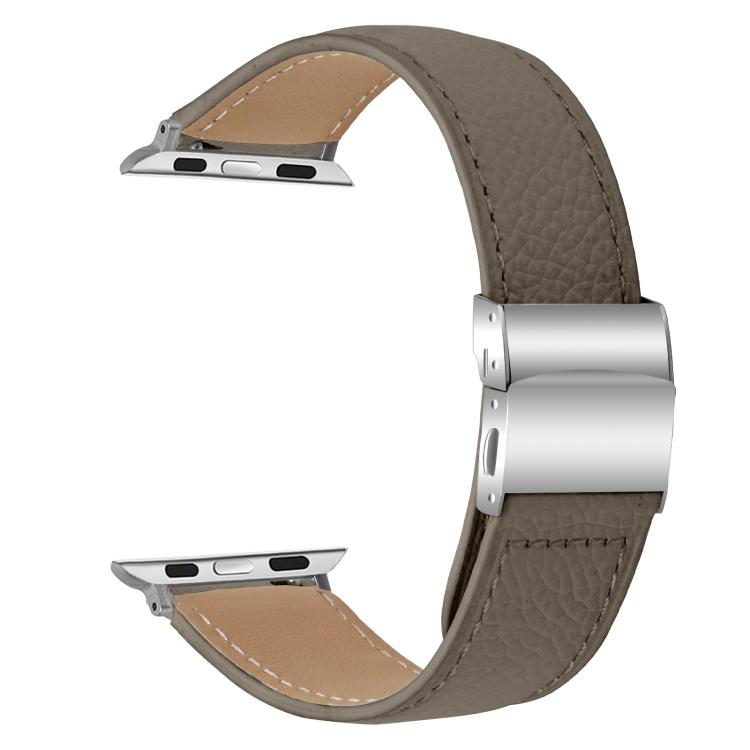 For Apple Watch 42mm / 41mm / 40mm / 38mm Lychee Texture Silver Turtle Back Buckle Leather Watch Band(Gray)