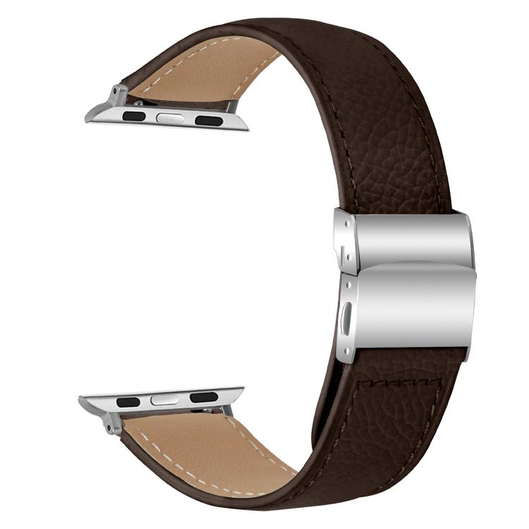 For Apple Watch 42mm / 41mm / 40mm / 38mm Lychee Texture Silver Turtle Back Buckle Leather Watch Band(Coffee Color)