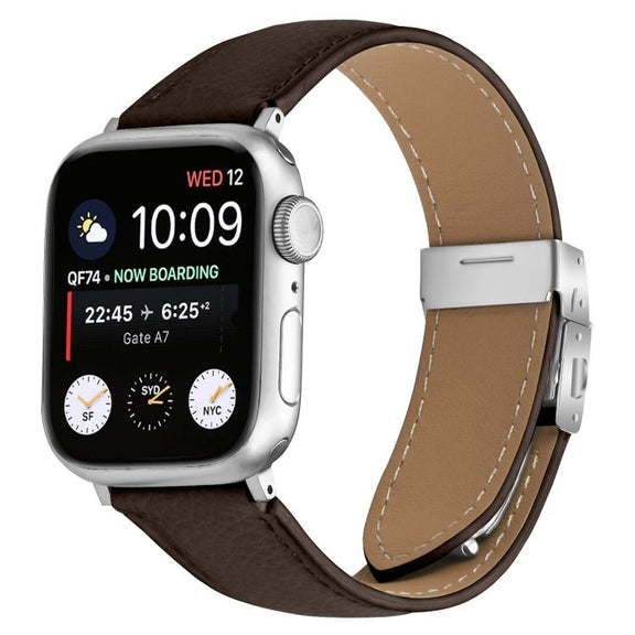 For Apple Watch 42mm / 41mm / 40mm / 38mm Lychee Texture Silver Turtle Back Buckle Leather Watch Band(Coffee Color)