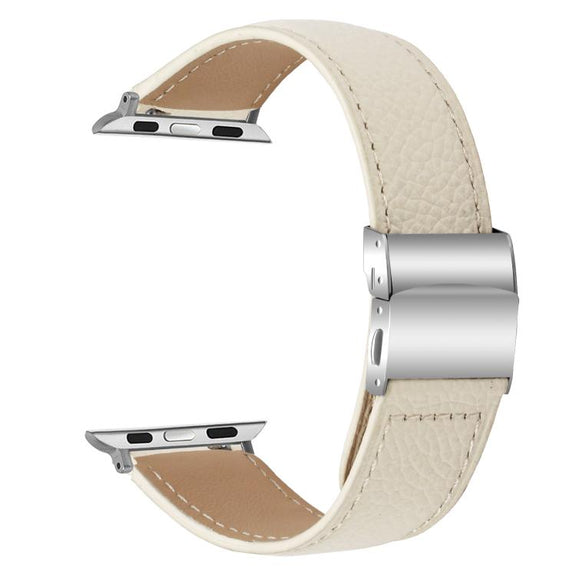 For Apple Watch 42mm / 41mm / 40mm / 38mm Lychee Texture Silver Turtle Back Buckle Leather Watch Band(Creamy White)
