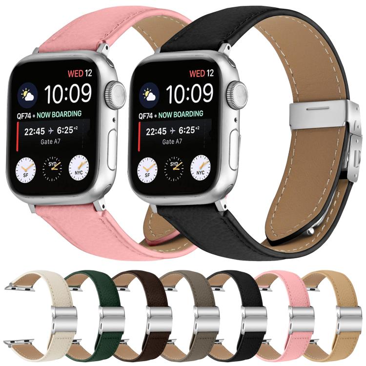 For Apple Watch 46mm / 49mm / 45mm / 44mm Lychee Texture Silver Turtle Back Buckle Leather Watch Band(Camel)