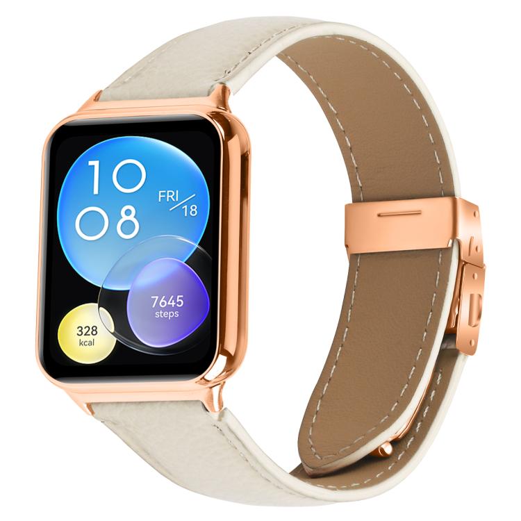 For Xiaomi Smart Bnad 9 Pro / Redmi Watch 5 Lychee Texture Rose Gold Turtle Back Buckle Leather Watch Band(Creamy White)
