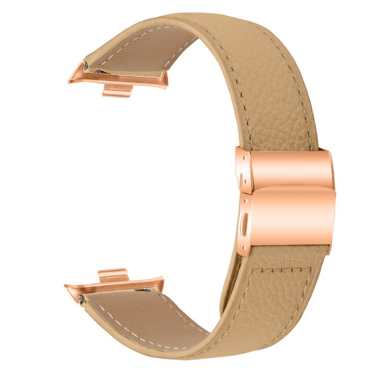 For Xiaomi Smart Bnad 9 Pro / Redmi Watch 5 Lychee Texture Rose Gold Turtle Back Buckle Leather Watch Band(Camel)