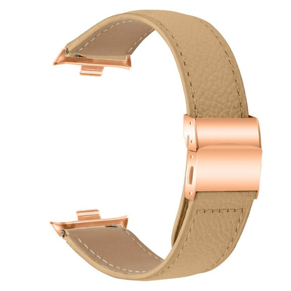 For Xiaomi Smart Bnad 9 Pro / Redmi Watch 5 Lychee Texture Rose Gold Turtle Back Buckle Leather Watch Band(Camel)
