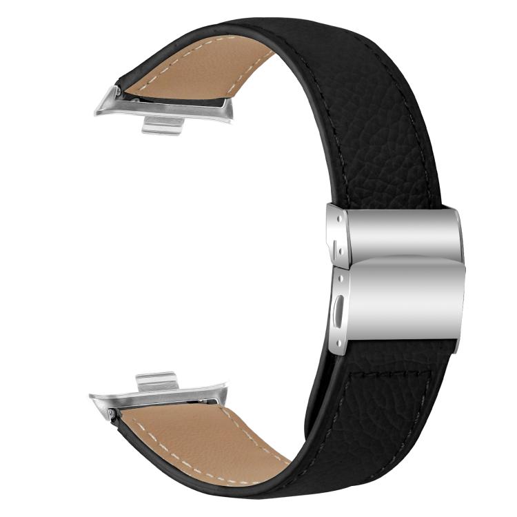 For Xiaomi Smart Bnad 9 Pro / Redmi Watch 5 Lychee Texture Silver Turtle Back Buckle Leather Watch Band(Black)