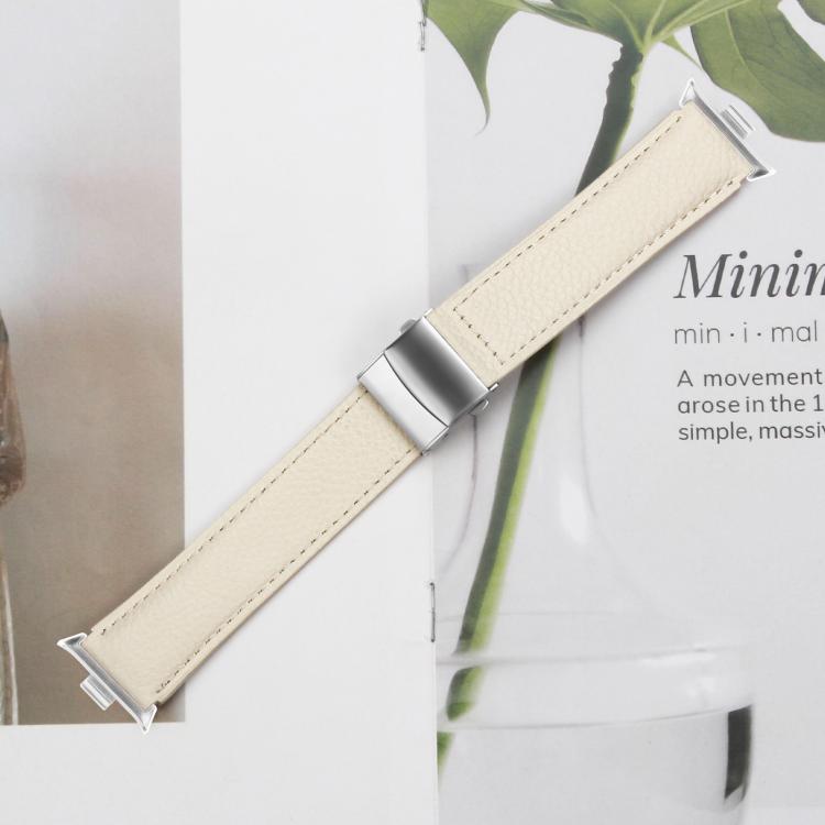 For Xiaomi Smart Bnad 9 Pro / Redmi Watch 5 Lychee Texture Silver Turtle Back Buckle Leather Watch Band(Creamy White)