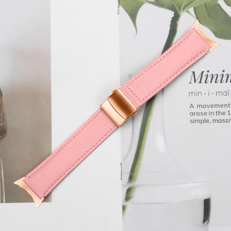 For Google Pixel Watch / Watch 2 / 3 41mm Lychee Texture Rose Gold Turtle Back Buckle Leather Watch Band(Pink)
