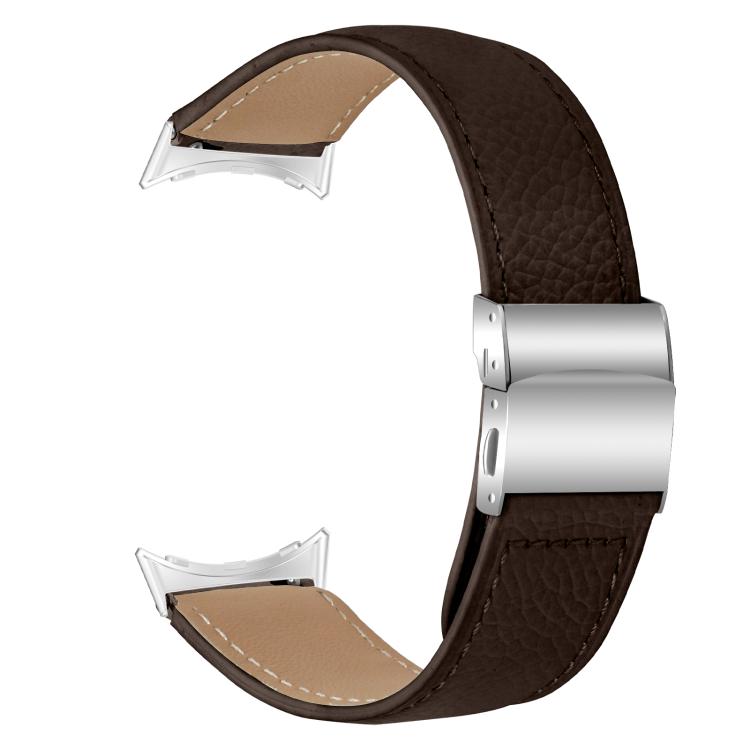 For Google Pixel Watch / Watch 2 / 3 41mm Lychee Texture Silver Turtle Back Buckle Leather Watch Band(Coffee Color)