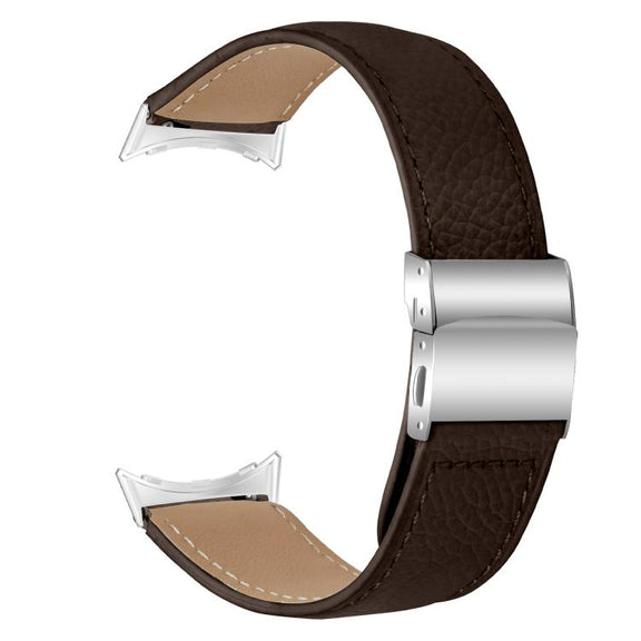 For Google Pixel Watch / Watch 2 / 3 41mm Lychee Texture Silver Turtle Back Buckle Leather Watch Band(Coffee Color)