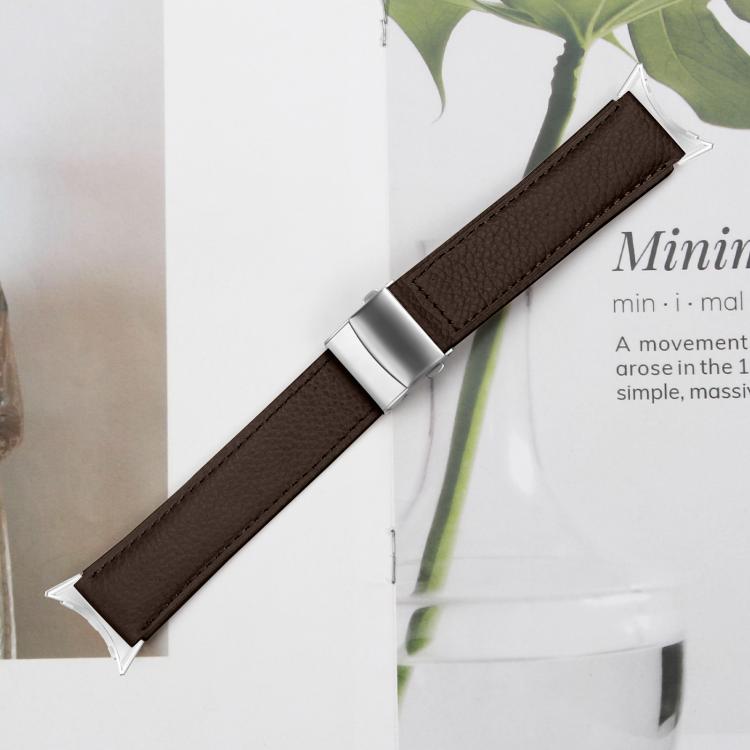 For Google Pixel Watch / Watch 2 / 3 41mm Lychee Texture Silver Turtle Back Buckle Leather Watch Band(Coffee Color)