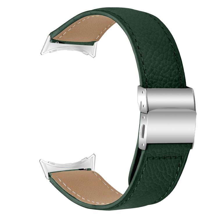 For Google Pixel Watch / Watch 2 / 3 41mm Lychee Texture Silver Turtle Back Buckle Leather Watch Band(Green)