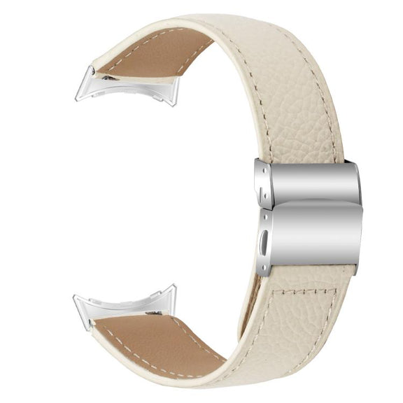 For Google Pixel Watch / Watch 2 / 3 41mm Lychee Texture Silver Turtle Back Buckle Leather Watch Band(Creamy White)