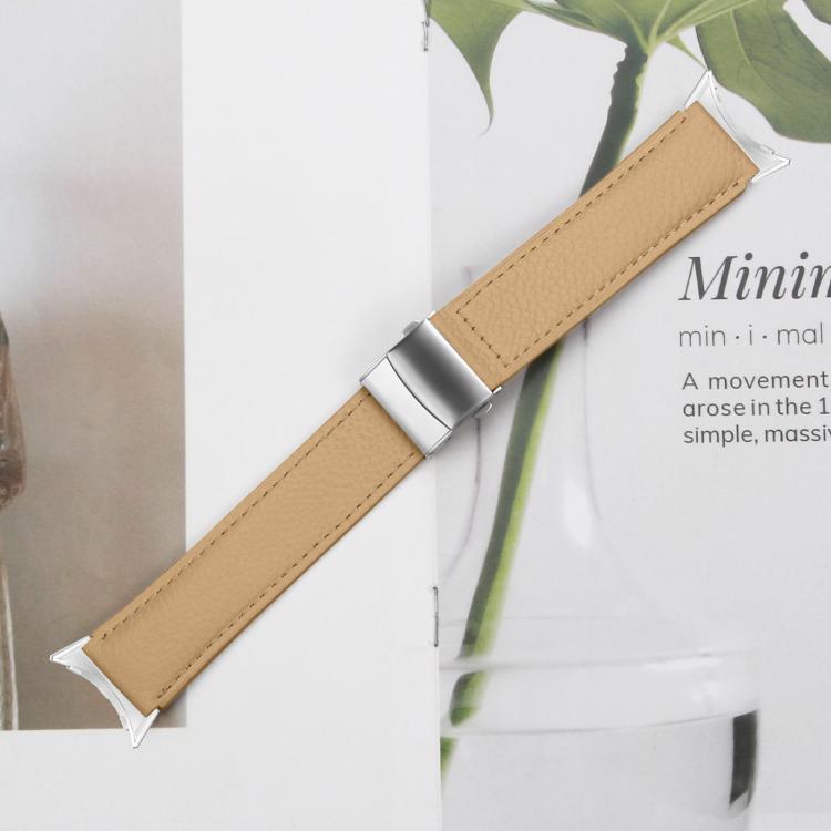 For Google Pixel Watch / Watch 2 / 3 41mm Lychee Texture Silver Turtle Back Buckle Leather Watch Band(Camel)