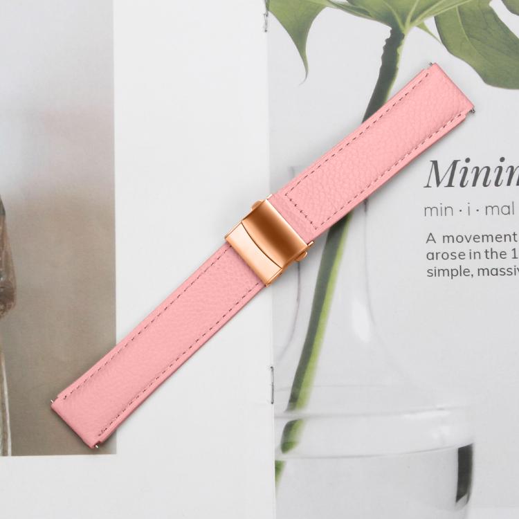 20mm Lychee Texture Rose Gold Turtle Back Buckle Leather Watch Band(Pink)