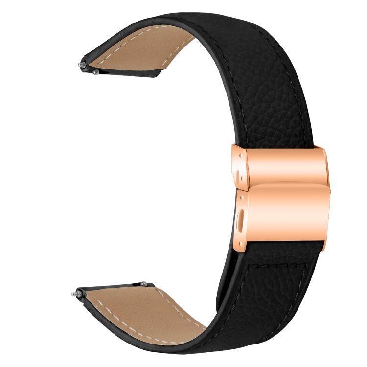 20mm Lychee Texture Rose Gold Turtle Back Buckle Leather Watch Band(Black)