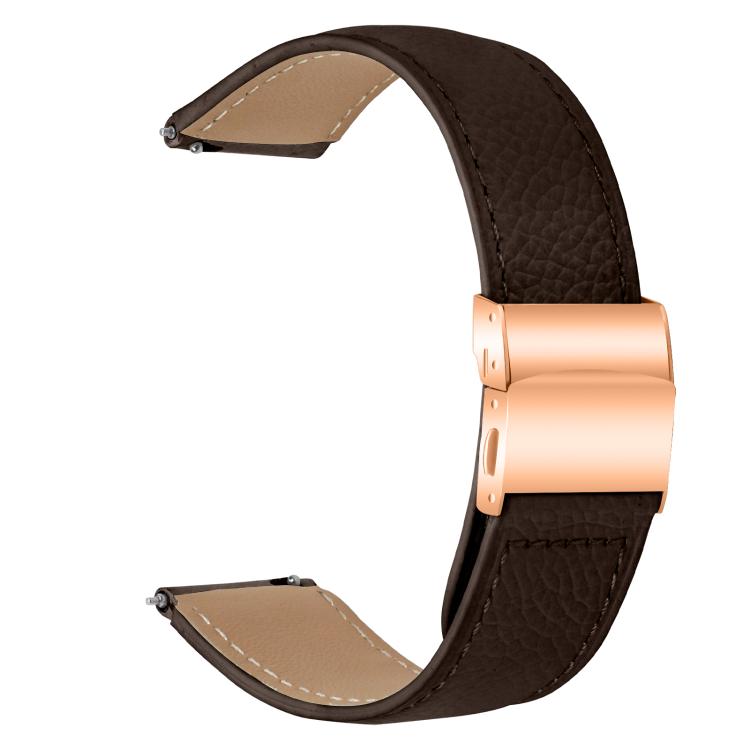 20mm Lychee Texture Rose Gold Turtle Back Buckle Leather Watch Band(Coffee Color)