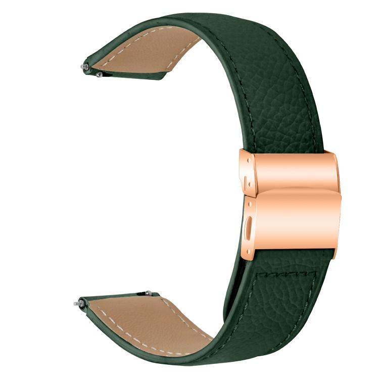 20mm Lychee Texture Rose Gold Turtle Back Buckle Leather Watch Band(Green)