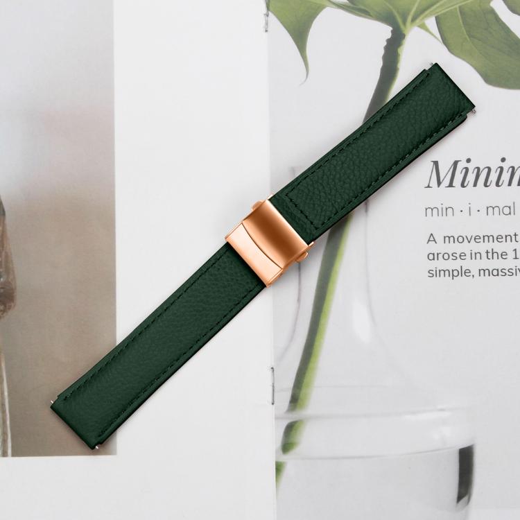 20mm Lychee Texture Rose Gold Turtle Back Buckle Leather Watch Band(Green)