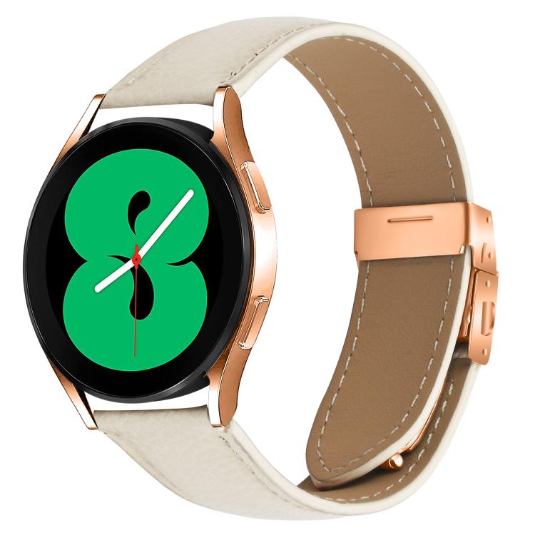 20mm Lychee Texture Rose Gold Turtle Back Buckle Leather Watch Band(Creamy White)