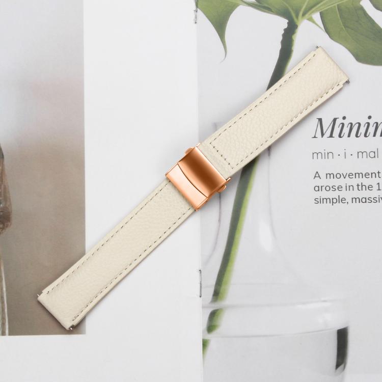 20mm Lychee Texture Rose Gold Turtle Back Buckle Leather Watch Band(Creamy White)