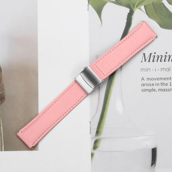20mm Lychee Texture Silver Turtle Back Buckle Leather Watch Band(Pink)
