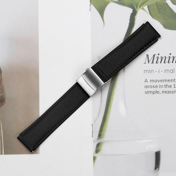 20mm Lychee Texture Silver Turtle Back Buckle Leather Watch Band(Black)