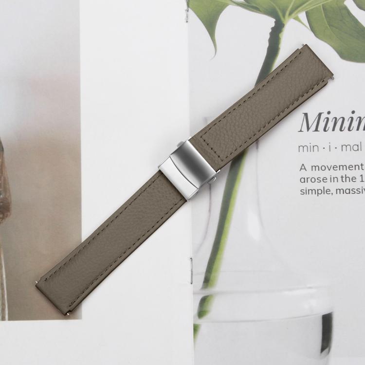 20mm Lychee Texture Silver Turtle Back Buckle Leather Watch Band(Gray)