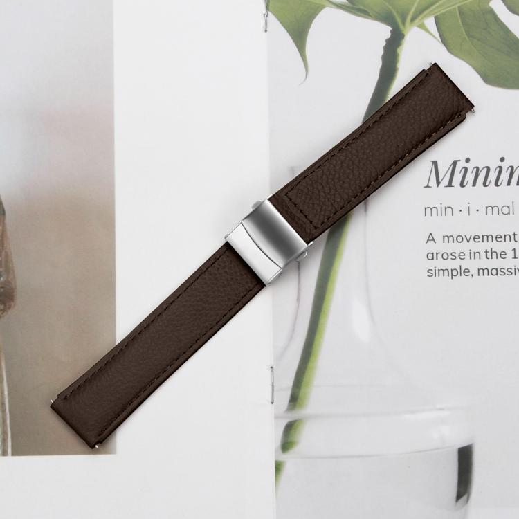 20mm Lychee Texture Silver Turtle Back Buckle Leather Watch Band(Coffee Color)