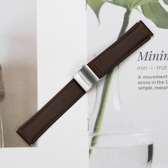 20mm Lychee Texture Silver Turtle Back Buckle Leather Watch Band(Coffee Color)