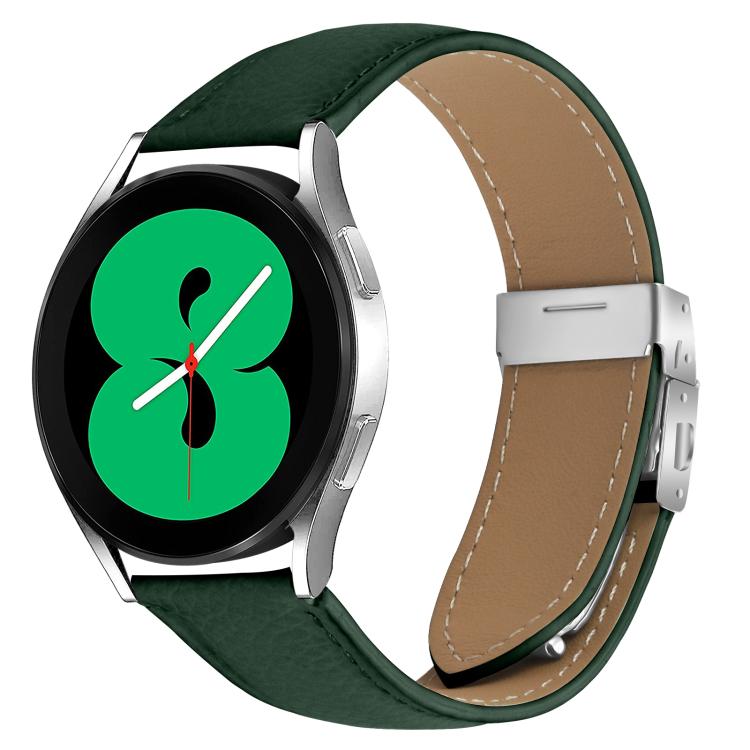 20mm Lychee Texture Silver Turtle Back Buckle Leather Watch Band(Green)