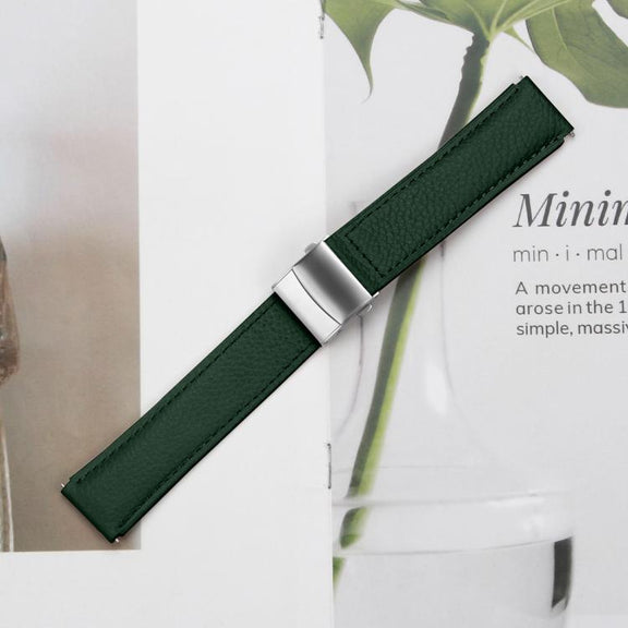 20mm Lychee Texture Silver Turtle Back Buckle Leather Watch Band(Green)